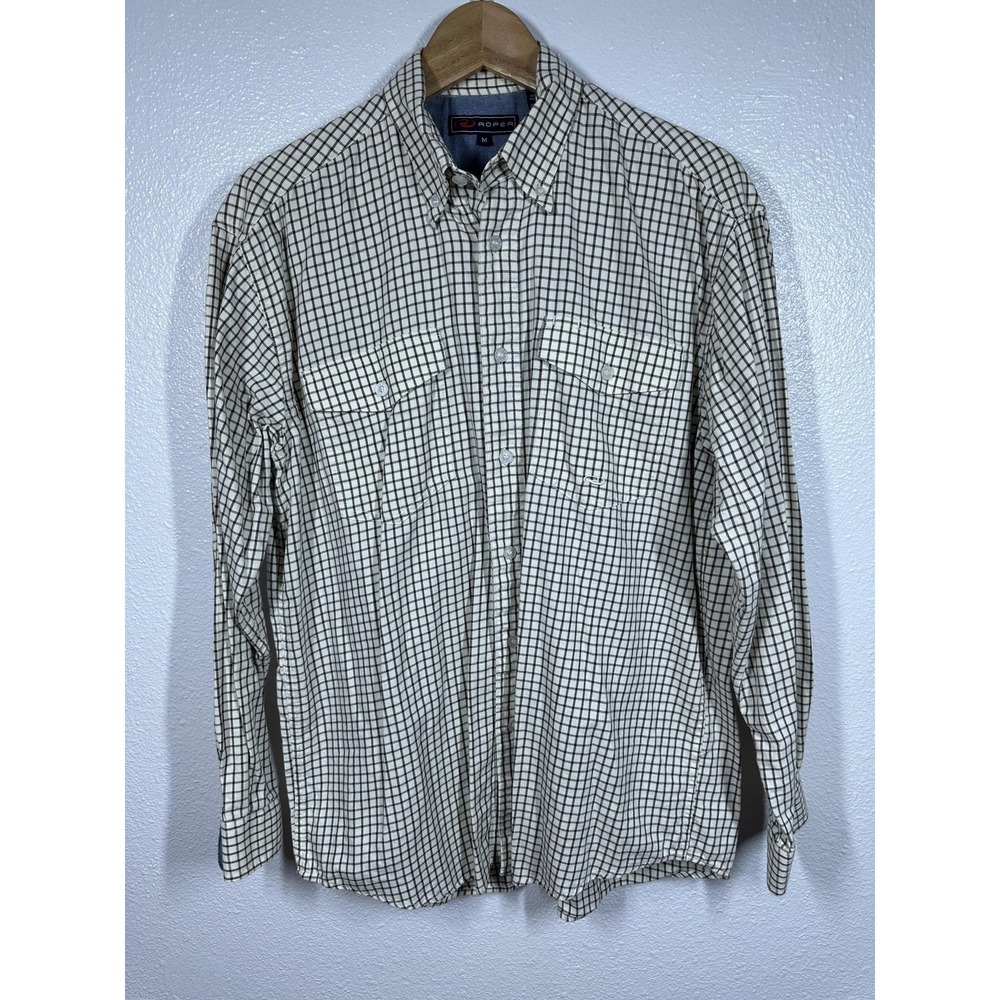 Roper Shirt Mens‎ Medium White Brown Check Plaid Western 100% Cotton Long Sleeve